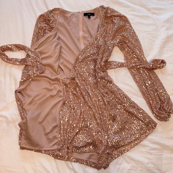 Lulu’s Pink Sequin “You Glow Girl” Rose Gold Wrap Skort Romper - Picture 2 of 7